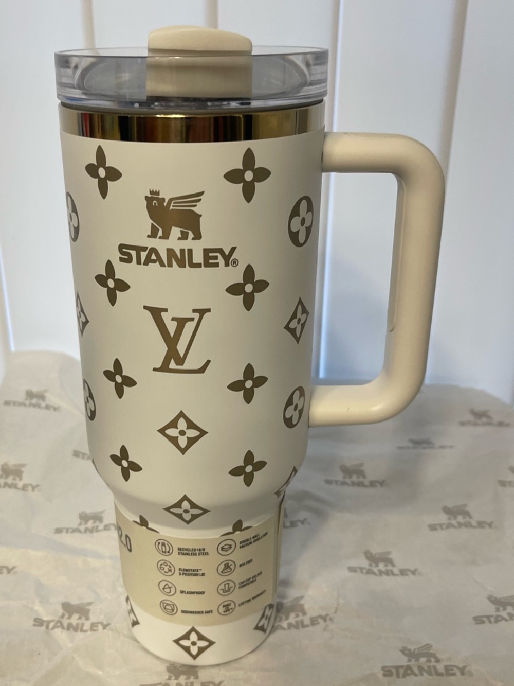 Custom Stanley 40oz White with Gold  Accents. Travel Mug